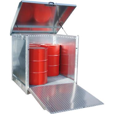 Sheet steel hazardous materials depot with hinged roof and fold-down front door, four 200-litre drums, galvanised